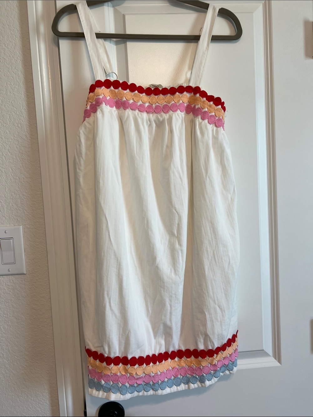 entro White Dress with Red, Peach and Pink Scallop Trim